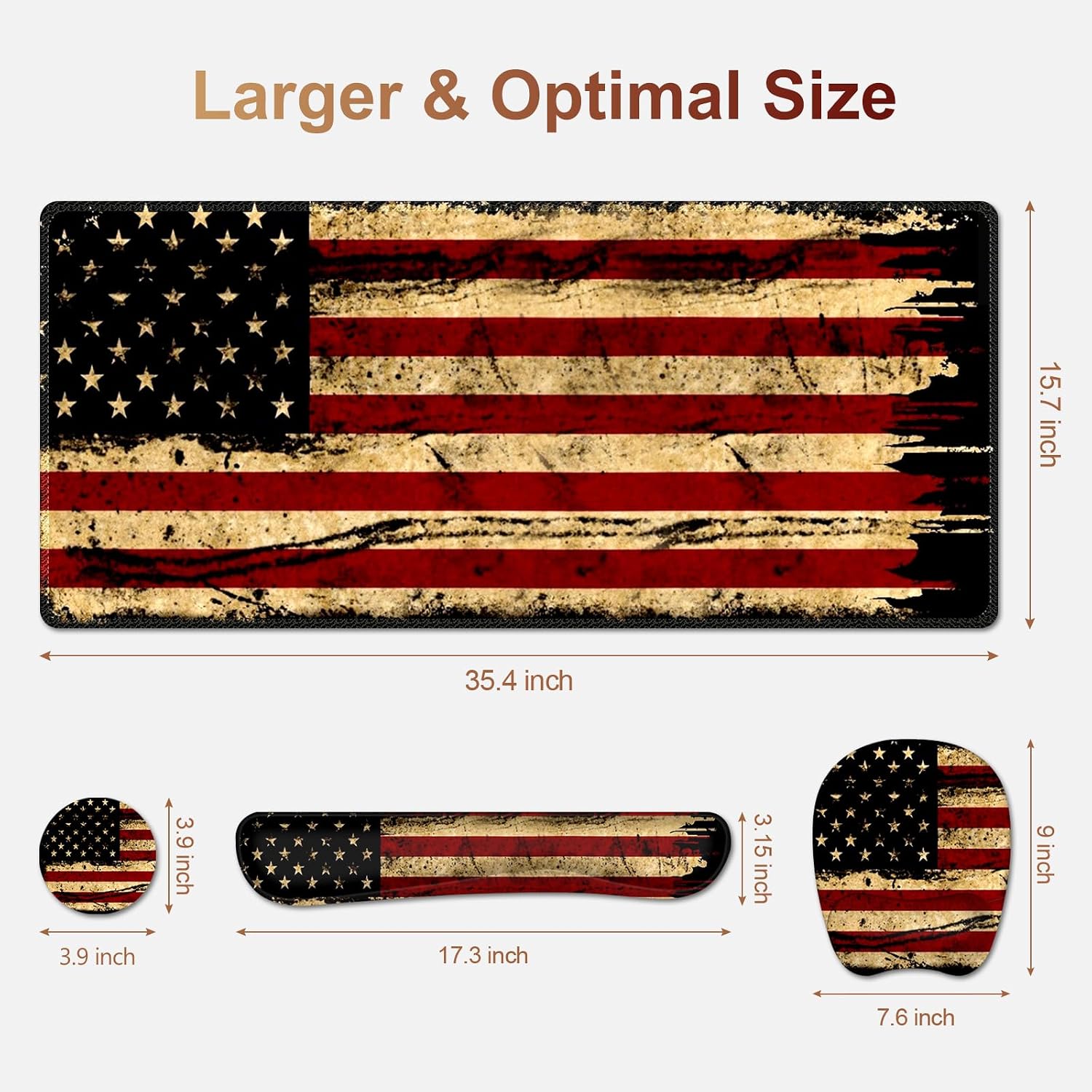 Large Mouse Pad with Wrist Support 4in1 Set, XXL Game Mousepad + Keyboard Wrist Rest+Mouse Wrist Rest+Coaster with Ergonomic Design Gaming Mat for Home Office Table Computer I Retro USA Flag