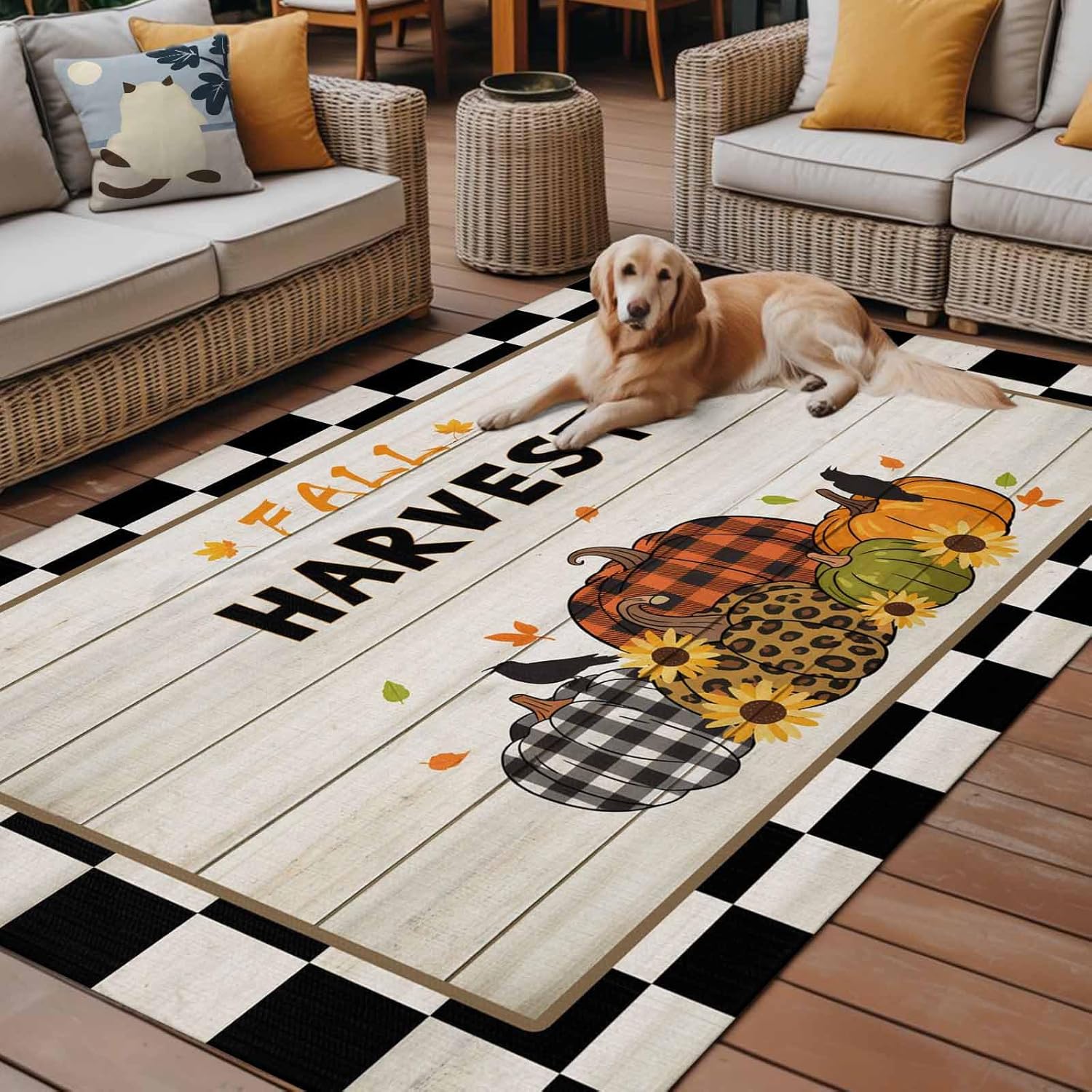 4x6 feet Outdoor Area Rug Non-Slip Carpet, Fall Harvest Pumpkins White and Black Check Plaids Absorbent Mat Low Pile Rugs for Patio, Backyard, Deck, Picnic, Beach, Trailer, Camping Decor