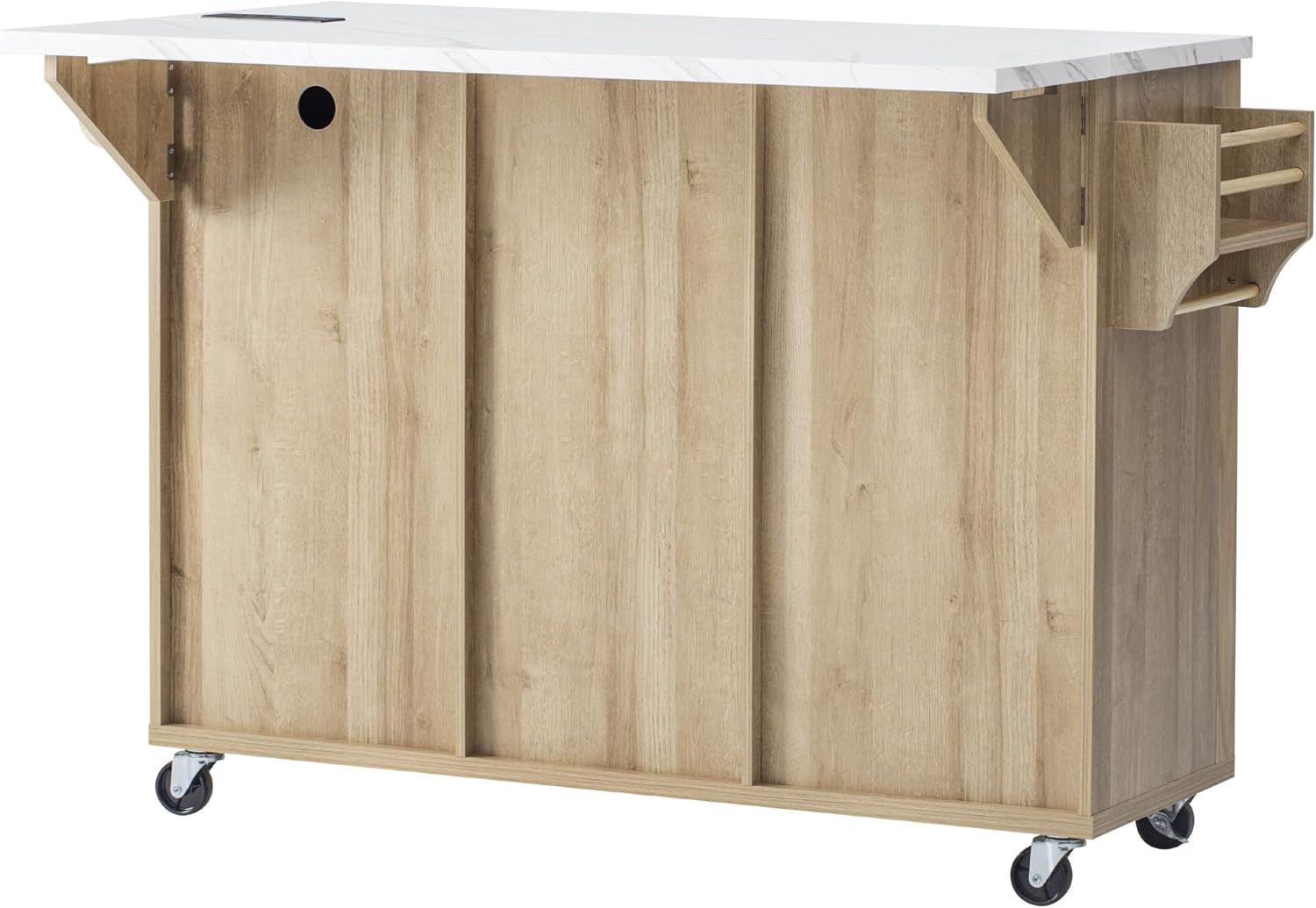 Merax 55.5" Fluted Kitchen Island with Drop Leaf, Power Outlet,Kitchen Grill Cart Island with Storage-6 Door Shelves,Adjustable Shelves,Faux Marble Top,Curved Edge for Kitchen,Natural