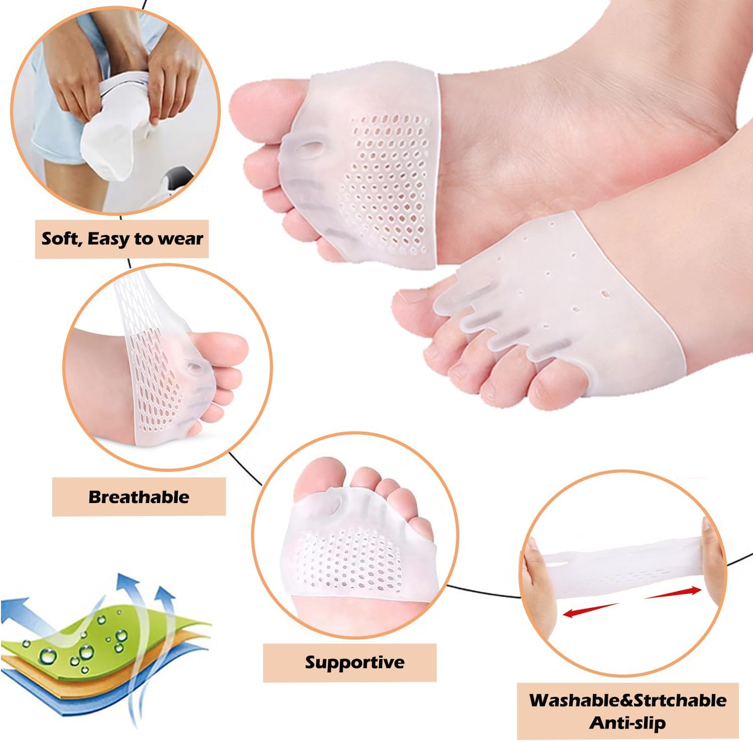 4 Pairs Metatarsal Pads, Gel Toe Separators for Women and Men, Soft Silicone Toe Spacers, Bunion Corrector Cushions, Breathable Foot Pads for Ball of Foot, Blisters, Hammer Toe