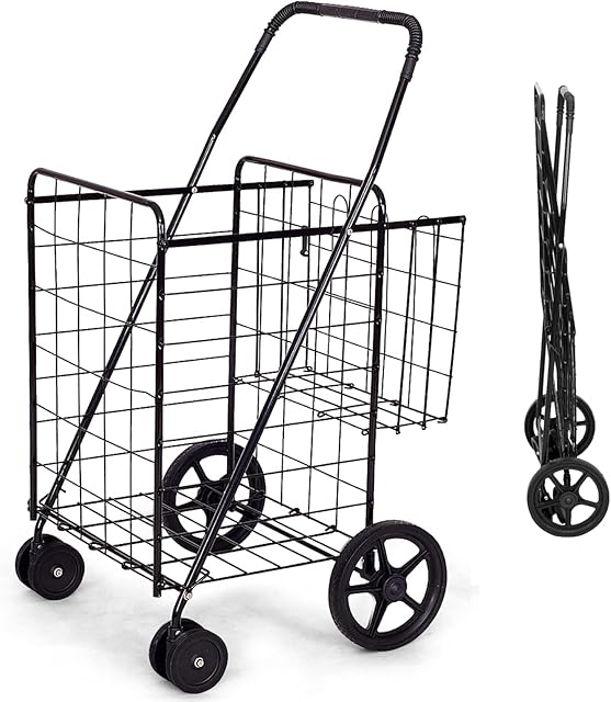 TANGZON Folding Shopping Cart on 6 Wheels, Metal Grocery Cart with Extra Basket & Non-Slip Handle, Lightweight Portable Utility Push/Pull Trolley, Hold 40kg, 60 x 62 x 100cm