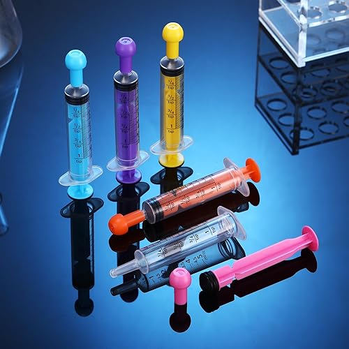Vista 12 de TrelaCo 100 jeringas de plástico para líquido con tapas, jeringa oral sin aguja, herramientas de medición coloridas selladas individualmente