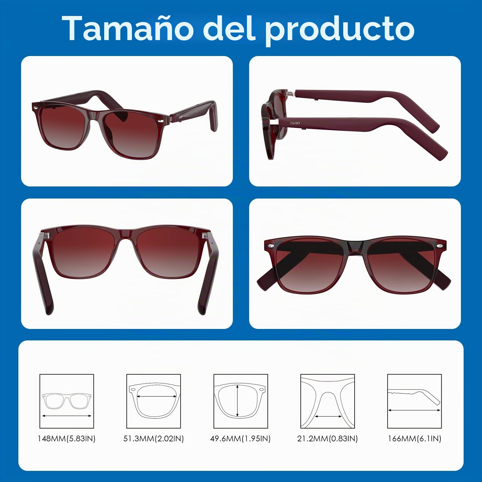 GetD Gafas Bluetooth, Portátiles de Dispositivos Inteligentes, Polarizadas de Gafas de Sol Protección UV400 con Micrófono y Altavoz para Hombres y Mujeres (Marco de Rojo + Lente Gris)