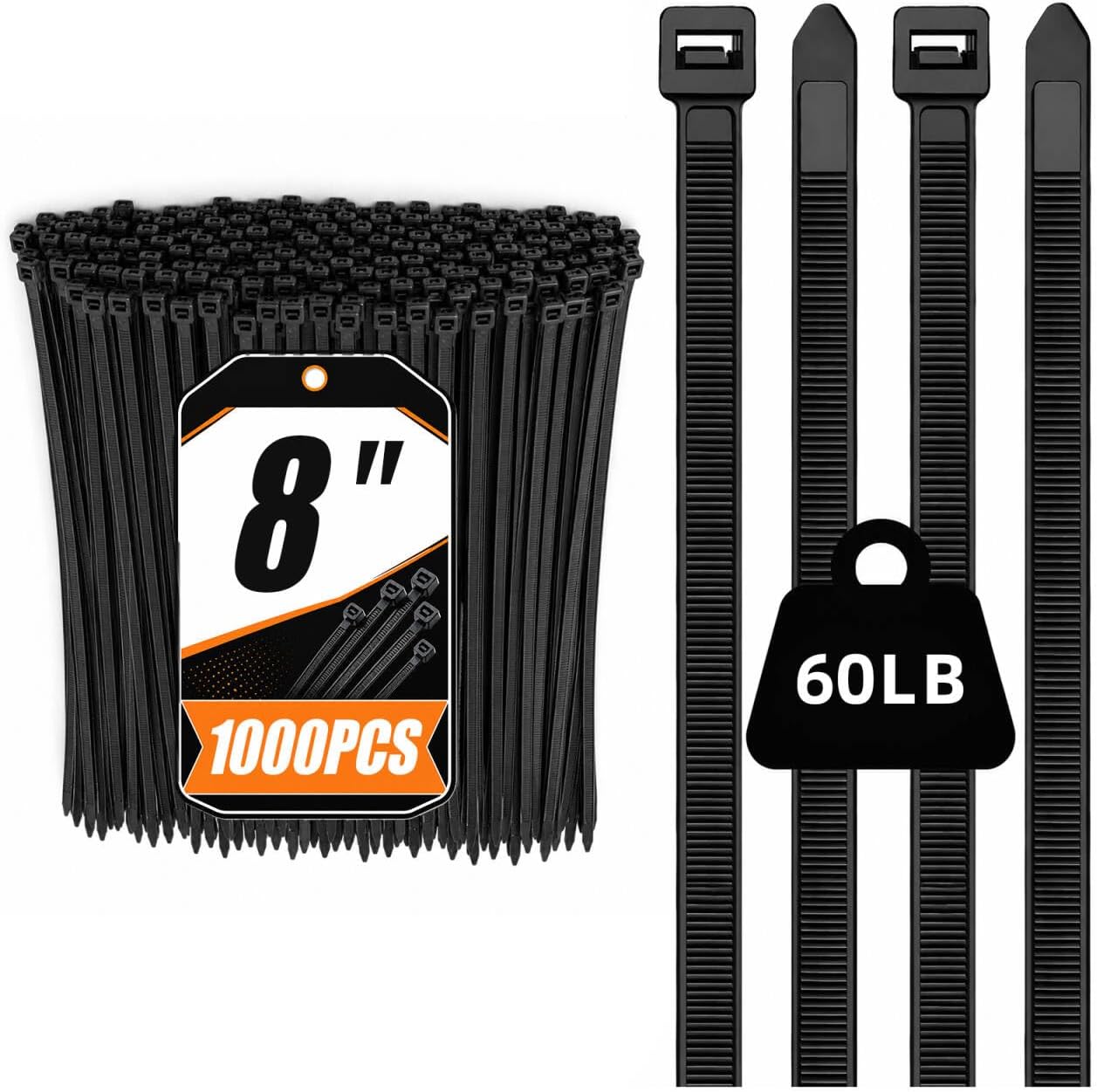 8 Inch Black Zip Ties 2500 Pack Heavy Duty 60LBS UV Resistant