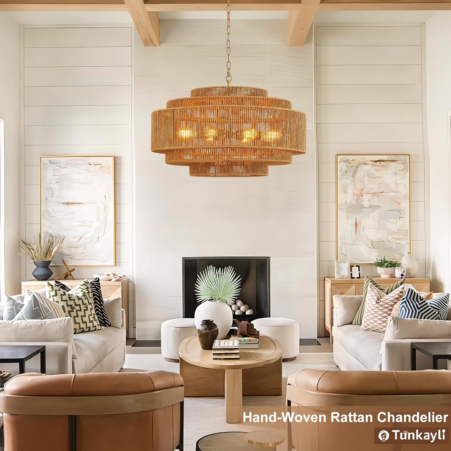 Boho Large Chandelier Woven Rattan Hanging Light 31in Golden Light Fixtures 8-Light Coastal Rattan Chandelier for Dining Room Bedroom Kitchen Island Entryway