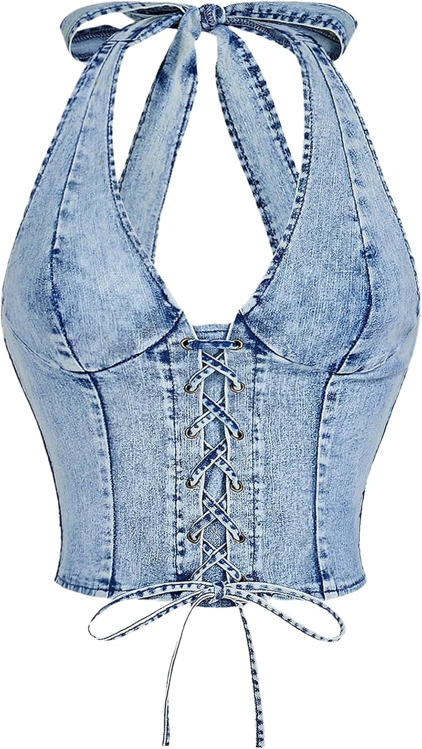 MakeMeChic Women's Denim Halter Corset Tops Y2K Jean Lace Up Vest Tops Sleeveless Shirred Tie Backless Top - Image 7