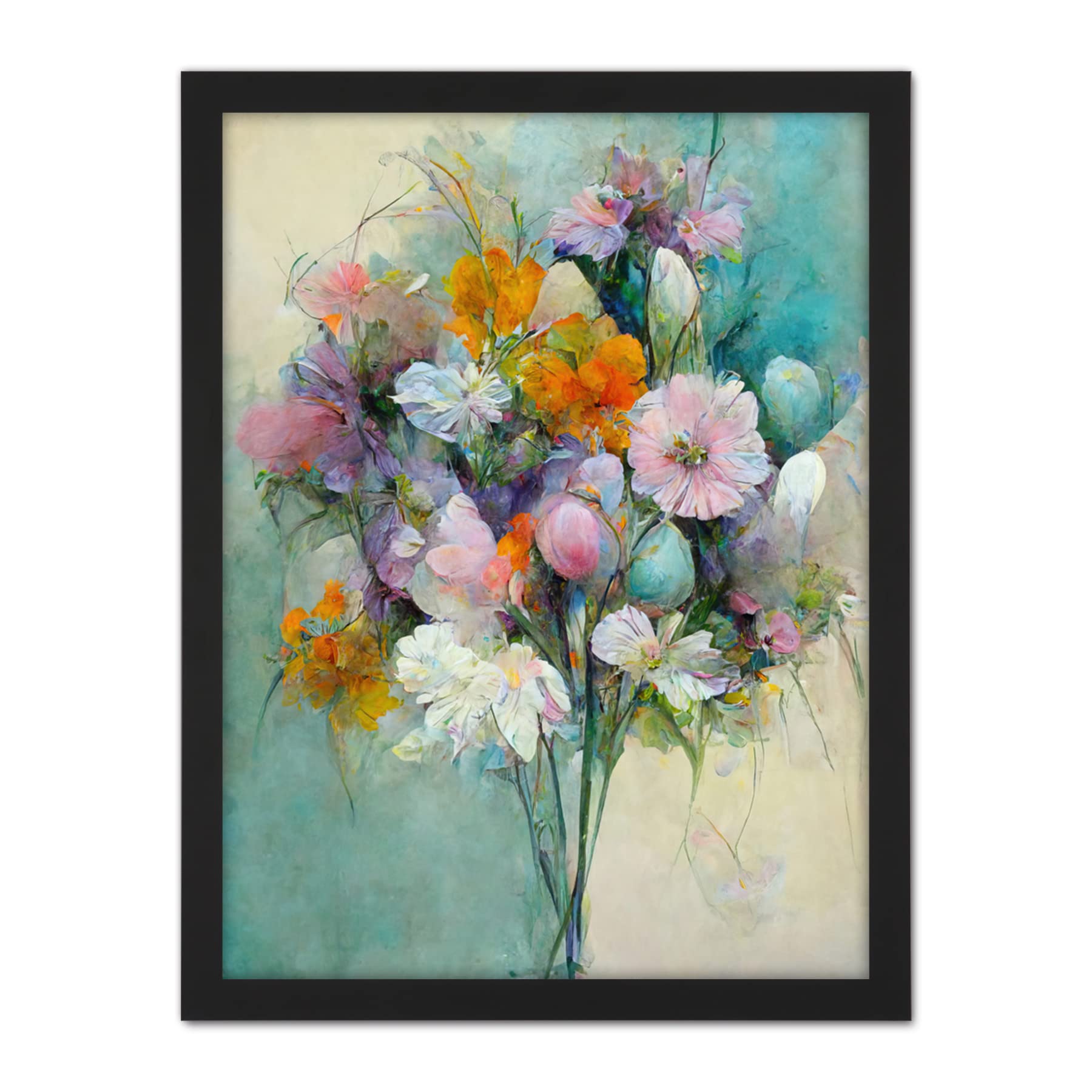 Doppelganger33 LTD Watercolour Pink Orange And Teal Spring Flower Bouquet Illustration Artwork Framed Wall Art Print 18X24 Inch