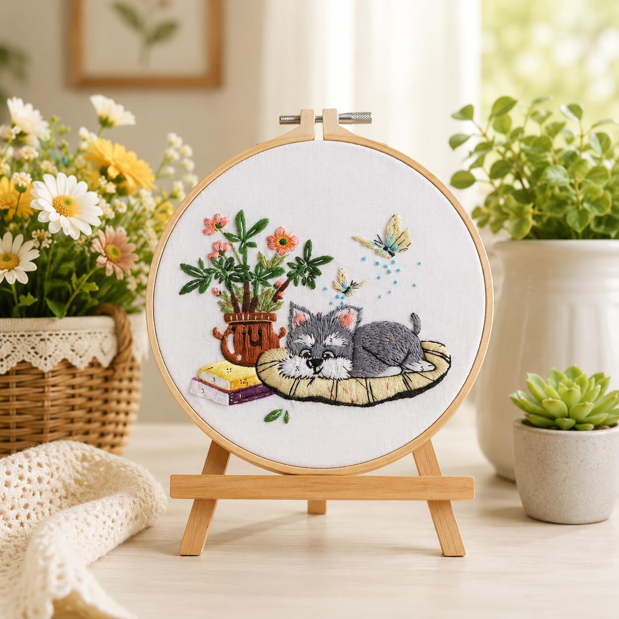 Thinas Embroidery Kit for Beginners Adults, 3 Pack Stamped Dog Embroidery Starter Set with Patterns & Video Tutorial, DIY Sewing Craft Supplies for Dog Lovers, Home Decor Gift Idea