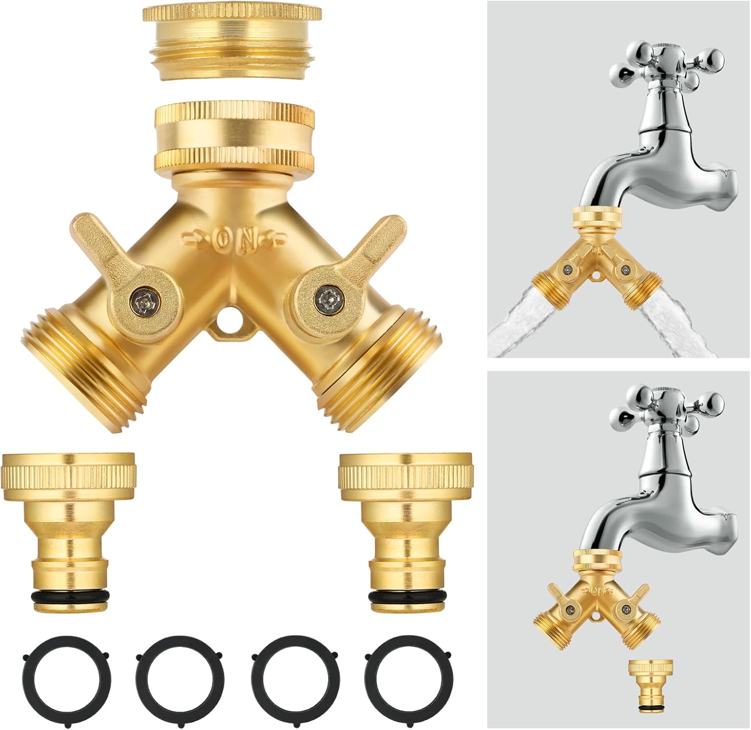 Flintronic 2 Way Brass Hose Splitter, 3/4" Tap Garden Hose Connector, Y Valve Tap Connector with Individual On/of and Two Quick Connector, Faucet Diverter for Garden, Outdoor, Courtyard (Golden)