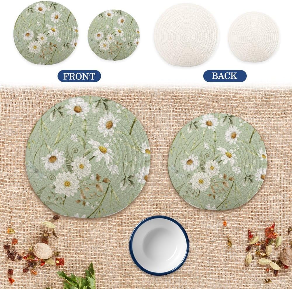 Daisy Pattern with Dragonfly Elegant 2 Pcs Round Woven Pot Holders Trivets Set, Cotton Coasters Placemats for Cooking Baking Hot Dish Pan Pot Bowl Teapot