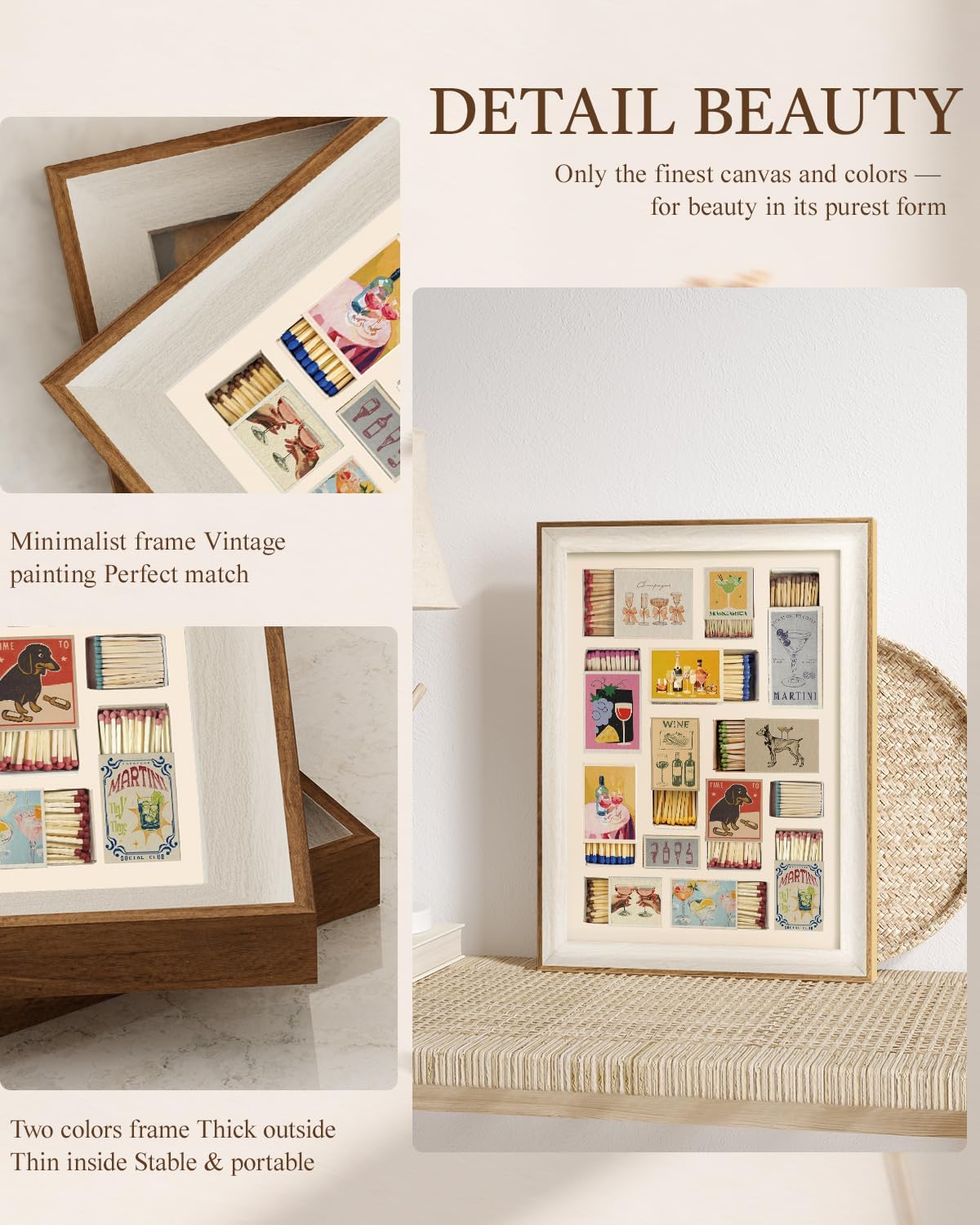 VIYYIEA Framed Vintage Matchbox Wall Art, Mid-century Retro Cocktail and Drink Canvas Painting, Modern Home Decor for Kitchen Bar and Dining Room, 12x16 Inch