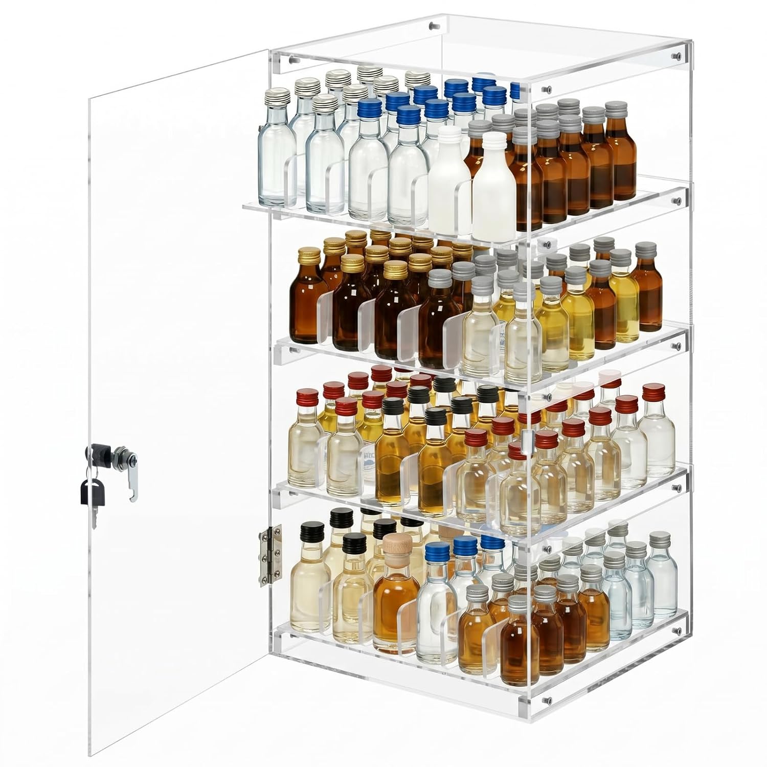 Cinnvoice Mini Liquor 50ml Bottles Retail Display Case with Lock and Adjustable Dividers, 23.6"w x 24.4"h x 12"d Clear Commercial Acrylic Countertop Rack for 50ml Nips, Airplane Shot Bottle & Pos Item