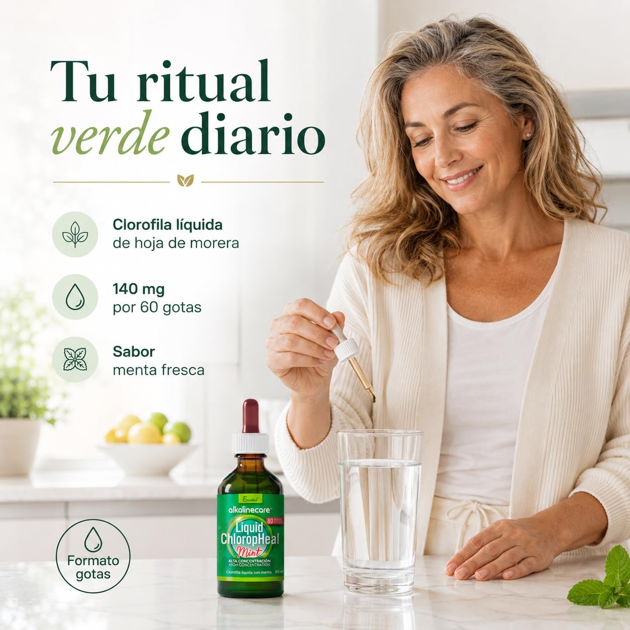 CLOROFILLA LIQUIDA CON GUSTO A MENTA 60 ml:: ALKALINE CARE