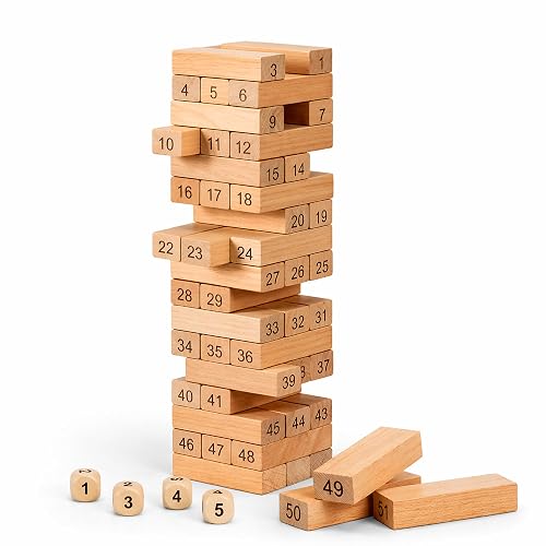WUDLY® Wooden Number Stacking Tower Game for Kids 3+ & Adults, 54 Beechwood Blocks, Brain Teaser Puzzle, Indoor Family Board Game, Tumble Tower Balance Toy, Birthday Gift for Boys and Girls