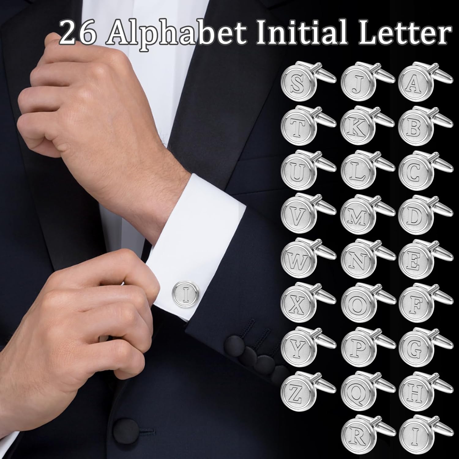 Mens Classic Stainless Steel Initial Cufflinks 26 Alphabet Initial Letter Cufflinks Business Wedding Shirts A-Z - Image 3