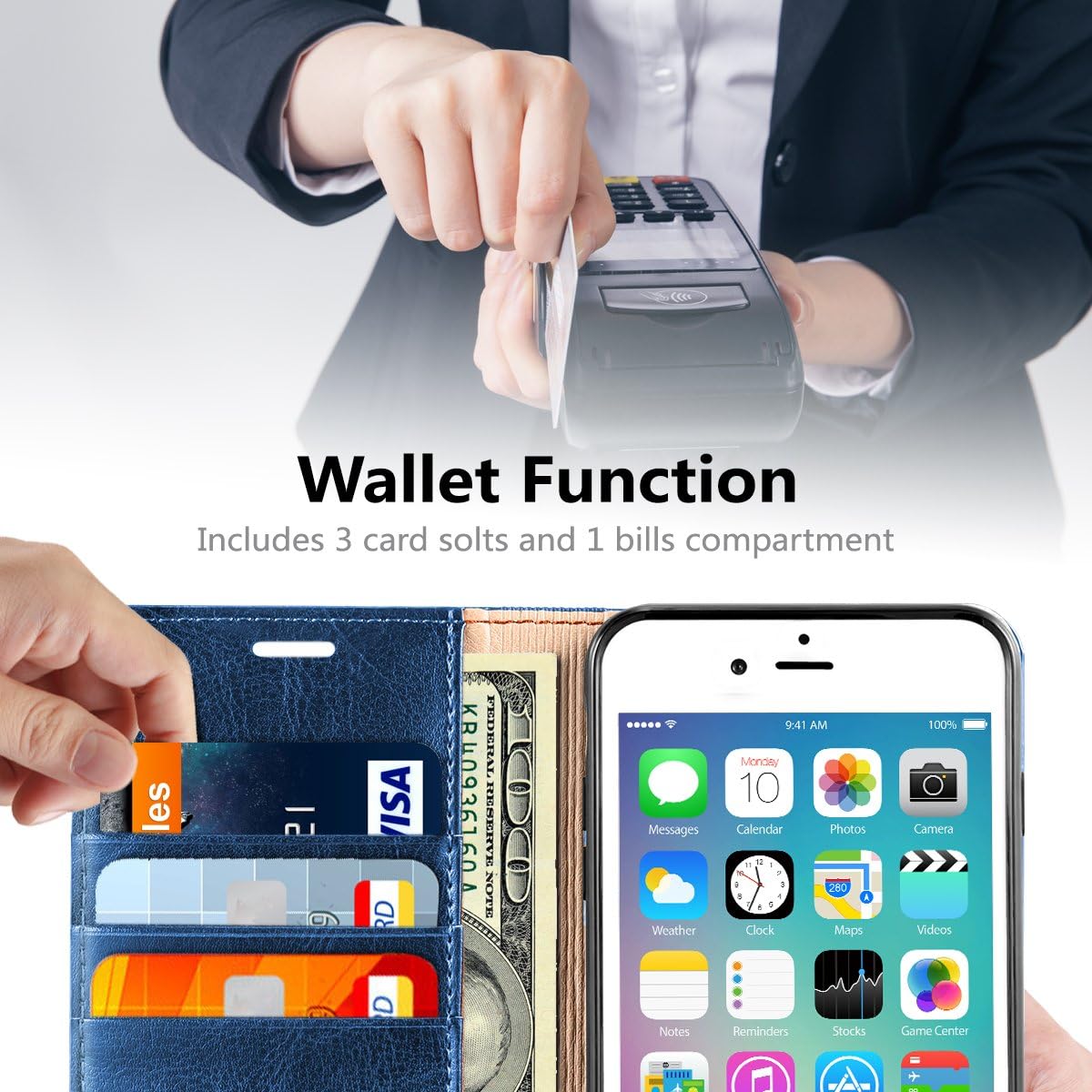 Belemay Compatible with iPhone 8 Wallet Case, Compatible with iPhone 8 Case, Genuine Cowhide Leather Flip Case Folio Cover [Durable Soft TPU Inner Case] Card Holder Slots, Kickstand, Cash Pocket, Blue