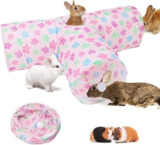 BWOGUE Bunny Tunnels & Tubes, 3-Way Collapsible Rabbit Hideout for Bunnies | Small Animal Hideout for Play, Peephole for Exploration, Ball Toy for Play, Folds Flat for Storage, Guinea Pigs and Kittens