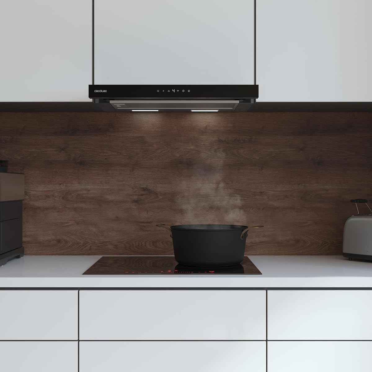 Cecotec Teleskopowy okap kuchenny 60 cm TLT 605500 Glass Black A++. Silnik 70 W, niskie zużycie, białe szkło czołowe, moc 550 m³/h, sterowanie dotykowe i gesty, filtr węglowy