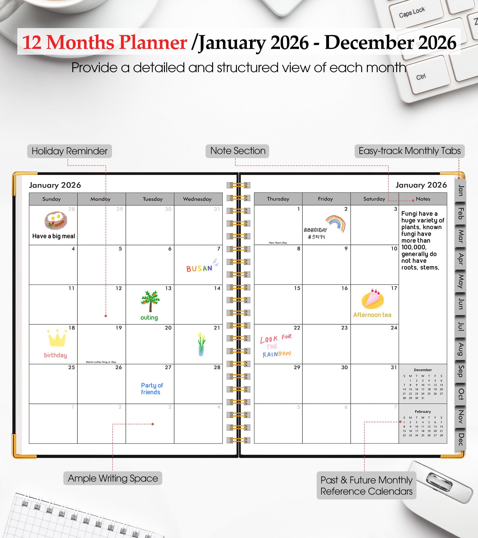 Planer 2026, planer tygodniowy i miesięczny od stycznia 2026 do grudnia 2026, 21,6 cm x 28 cm, twarda okładka, skórzany kalendarz godzinowy 2026 z zakładkami, spiralny kalendarz dzienny do szkoły