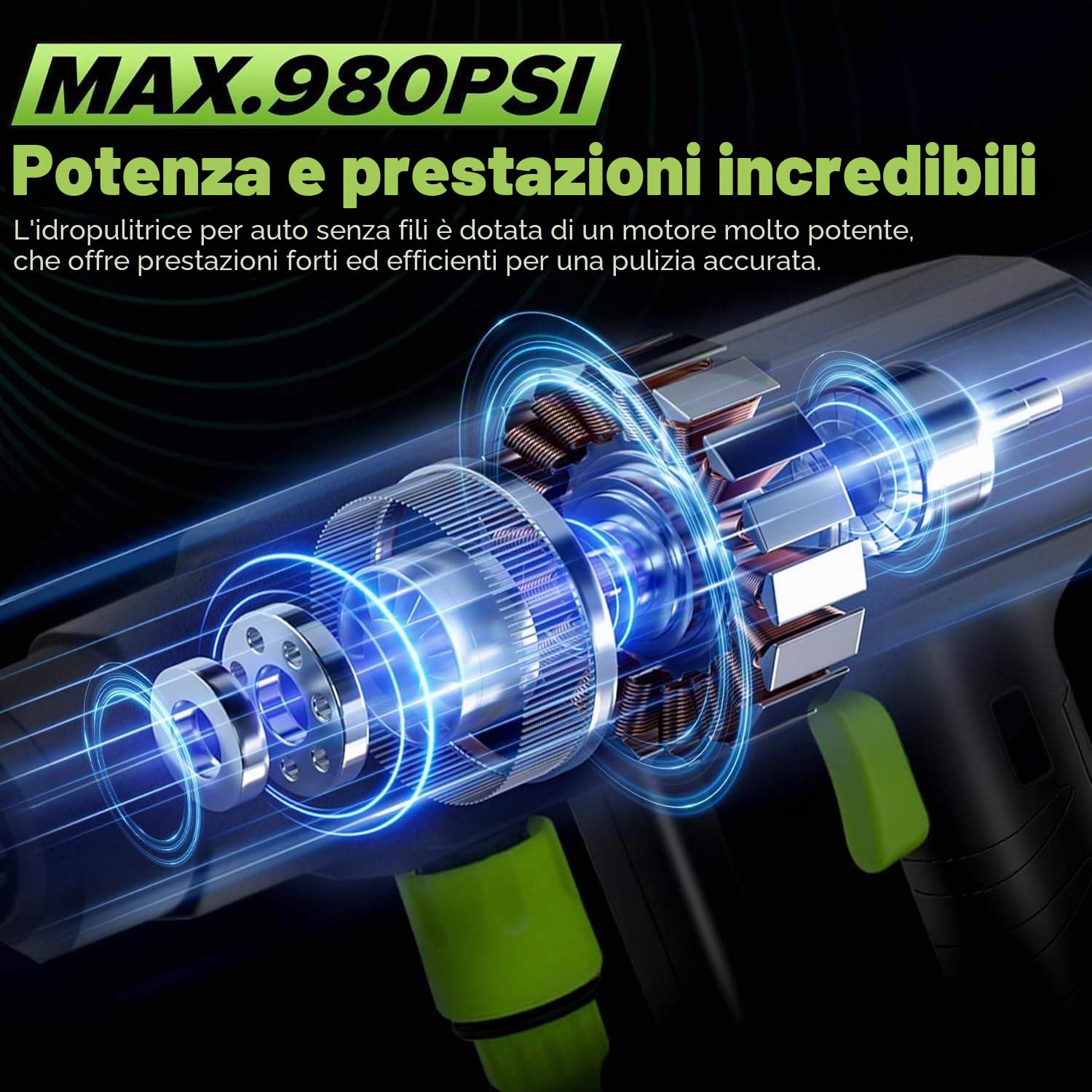 High Pressure Cleaner 980 PSI (120 Bar), Pulitore alta pressione, ugello multifunzione 6 in 1, idropulitrice senza fili, freccia lavaggio auto,idropulitrice a batteria alta pressione