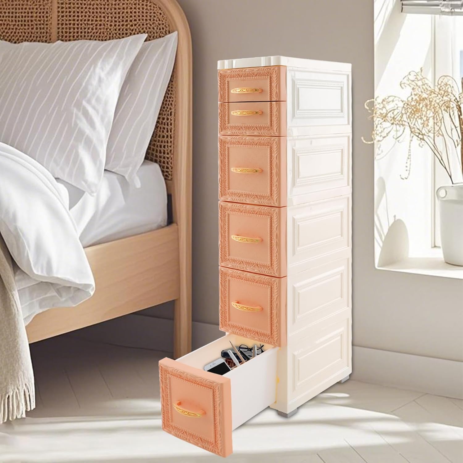 5-Tier Plastic Drawers Storage Dresser, 33"H Narrow Slim Storage Organizer Vertical Drawer Unit, Rolling Thin Storage Tower with Wheels for Small Spaces Gaps Home Furniture (Orange)