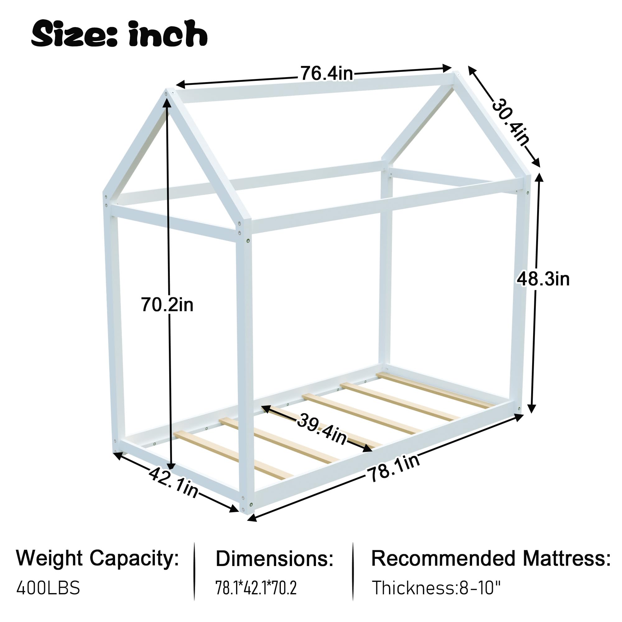 iRoll House Floor Bed Twin Size, Wood Montessori Floor Bed with Slats, Multifunctional House Montessori for Boys and Girls, No Box Spring Needed, Easy Assembly, White
