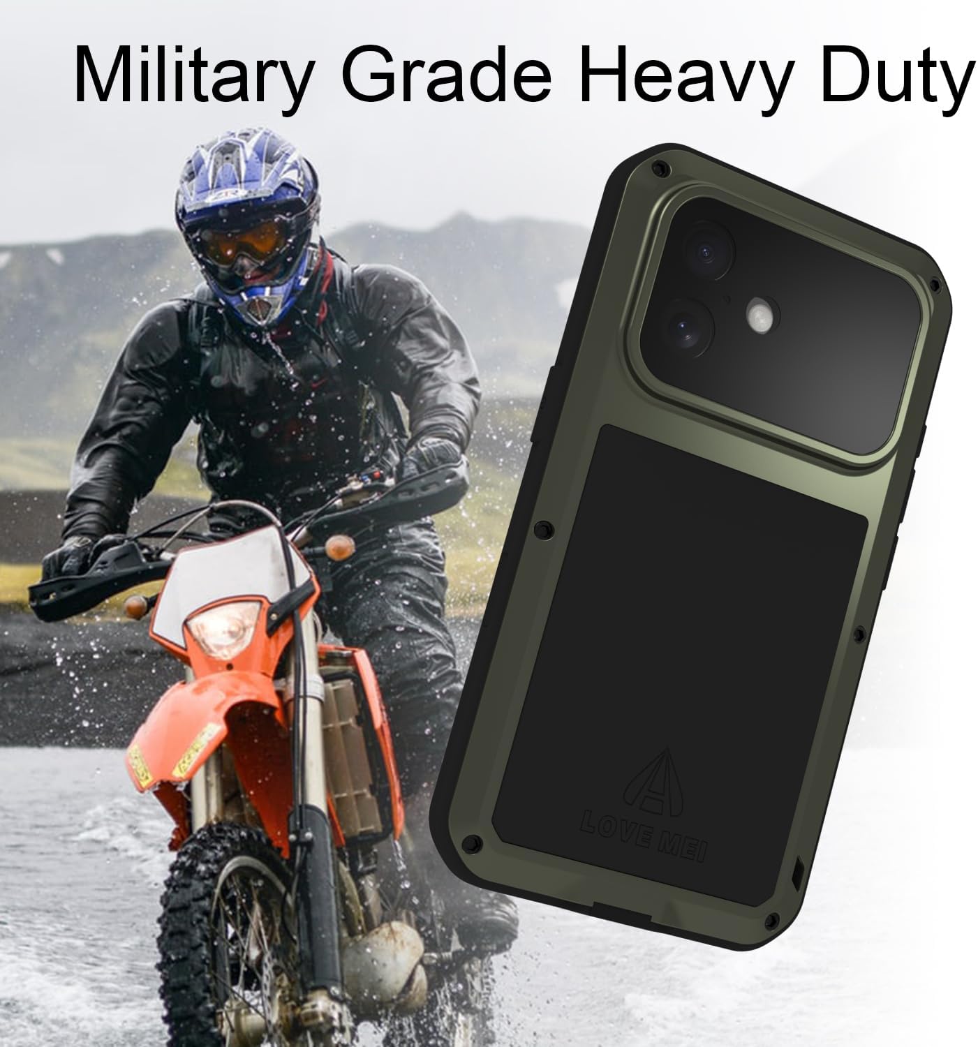 LOVE MEI Military Rugged Case for iPhone 16, with Tempered Glass Screen Protector, Shockproof Dustproof Scratch Proof Hybrid Metal and Silicone Gel Heavy Duty Full Body Cover (Green)