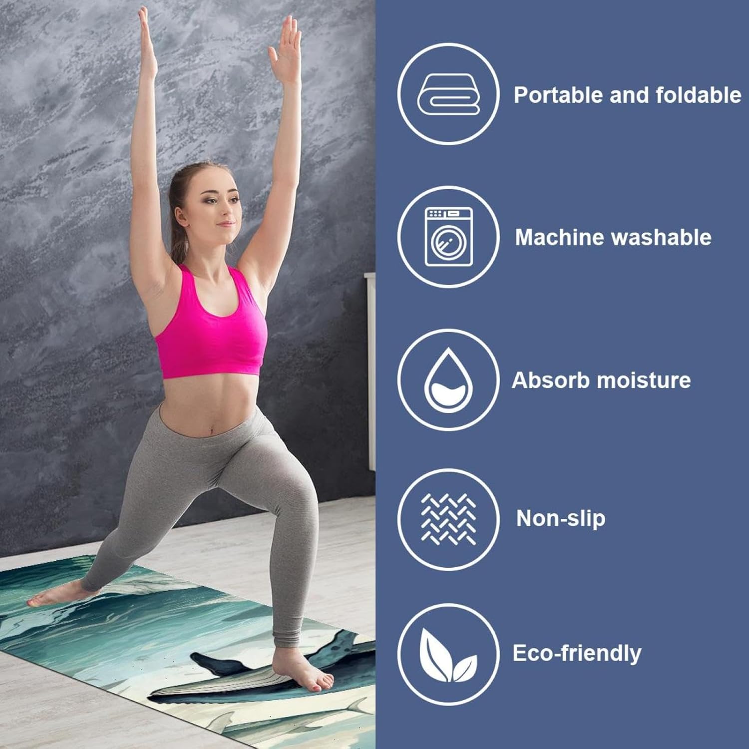 Yoga Towel, Whale Sea Pattern Non Slip Sweat Absorbent Hot Yoga Mat Towel for Hot Yoga, Pilates and Fitness - 72.8" x 26.8"