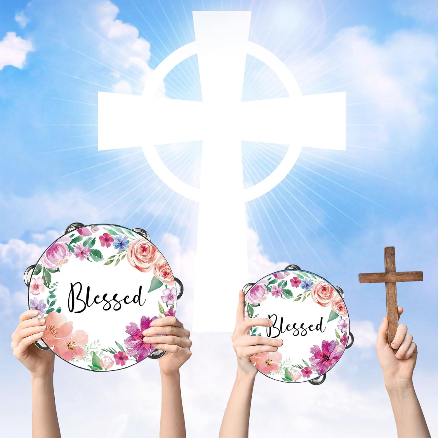 3 Pcs Blessed Tambourines for Adults Church Christian Dance Tambourine Double Row Jingle Bible Hand Bell Clap Drum for Church Pray Party Percussion Musical Instrument