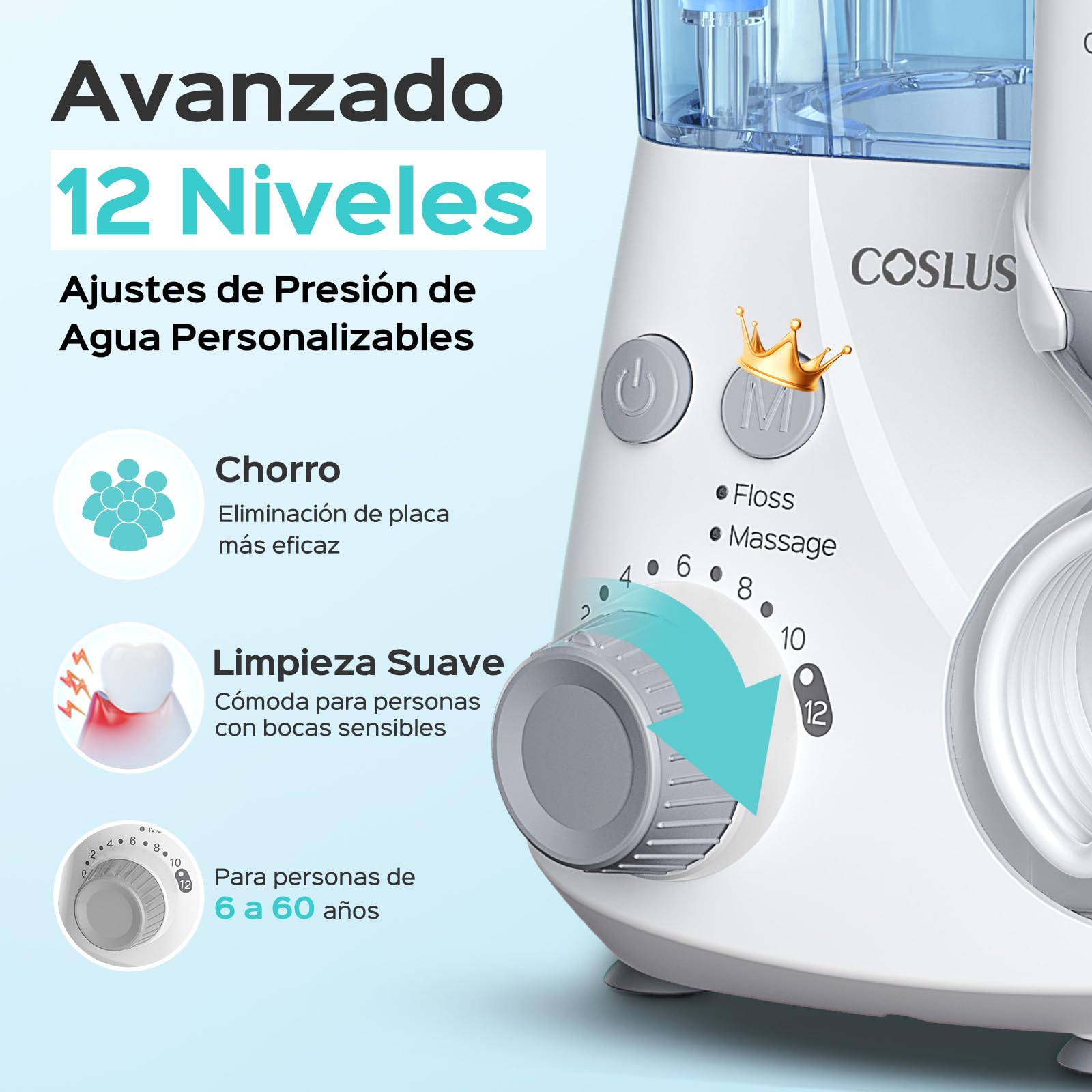 COSLUS Irrigador Dental Sobremesa Profesional: 2 Modos y 12 Presión Ajustable - 600ml Irrigador Bucal para Adultos Usuarios de Ortodoncia/Encías Sensibles -Uso Hogar Baño con 5 Boquillas - Blanco