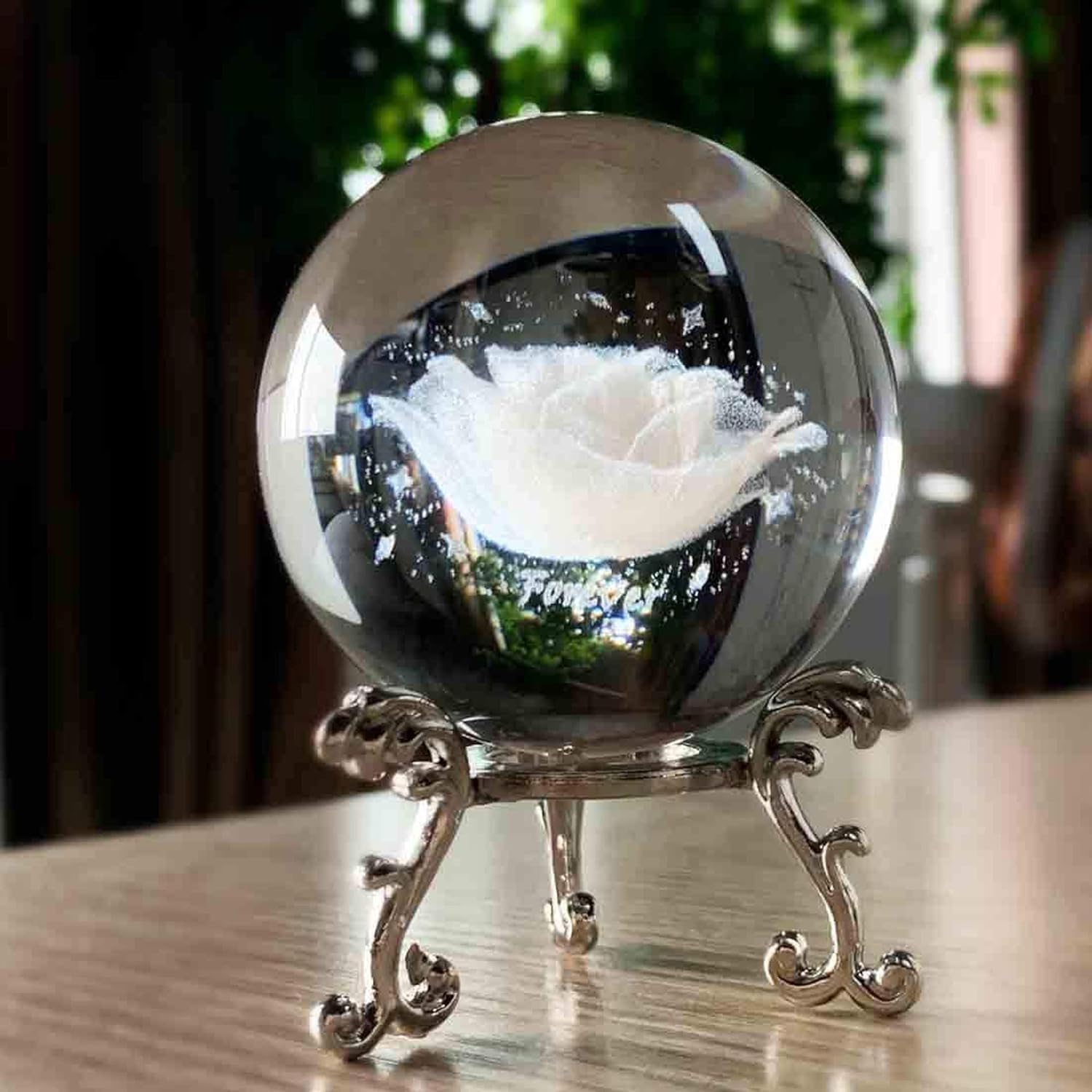HDCRYSTALGIFTS 60mm 3D Inner Engraved Rose Flower Crystal Ball Paperweight with Sliver Stand Glass Sphere Rose Figurines Collectible Fengshui Decorative Ball Home Decor Gifts