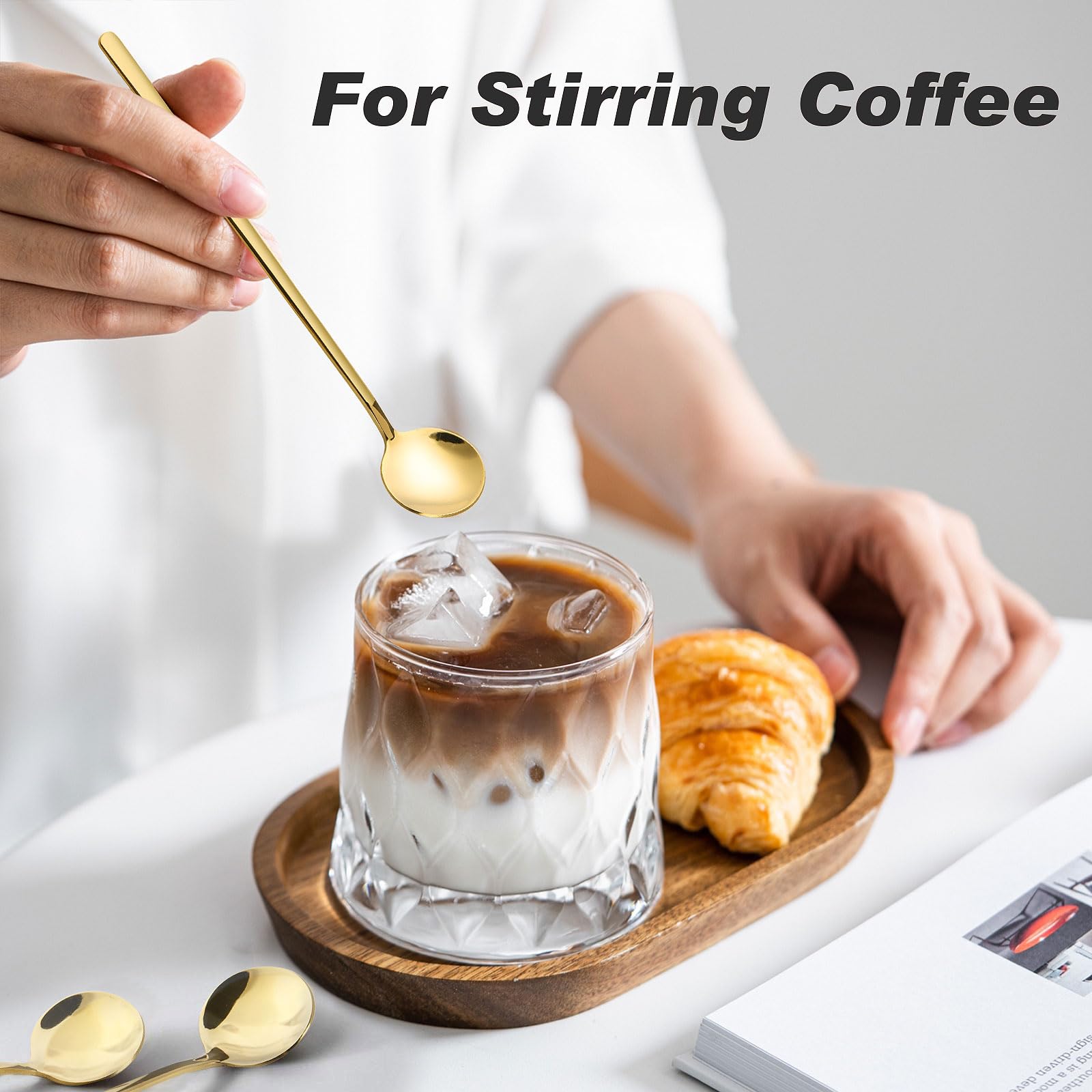 Cucharas de café mejoradas, 8 cucharas de espresso de 6.6 pulgadas, cucharas agitadoras, cucharaditas doradas, cucharas de té de mango largo, cucharas de té helado, cucharas de postre de