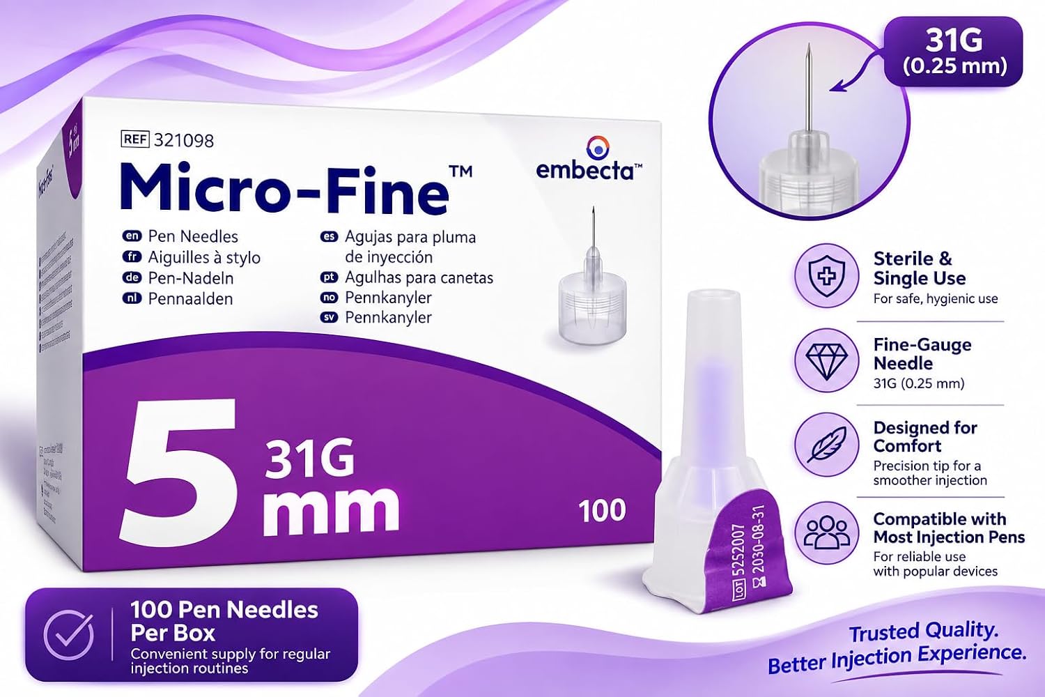 Embecta Micro-Fine Mini Pen Needles, 31G x 5mm , Formerly BD Micro-Fine, Sterile Single-Use Pen Needles, 100 Count