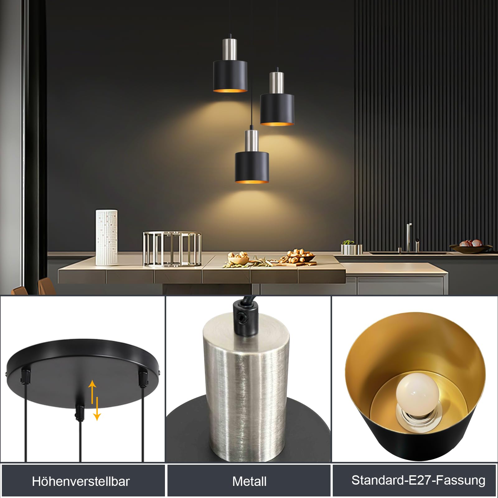 Hängeleuchte Esstisch Pendelleuchte Schwarz - Esszimmerlampe Vintage Hängelampe 3 Flammig E27 Retro Küchenlampe Hängend Gold Kücheninsel Höhenverstellbar Industrielampe Ohne Leuchtmittel