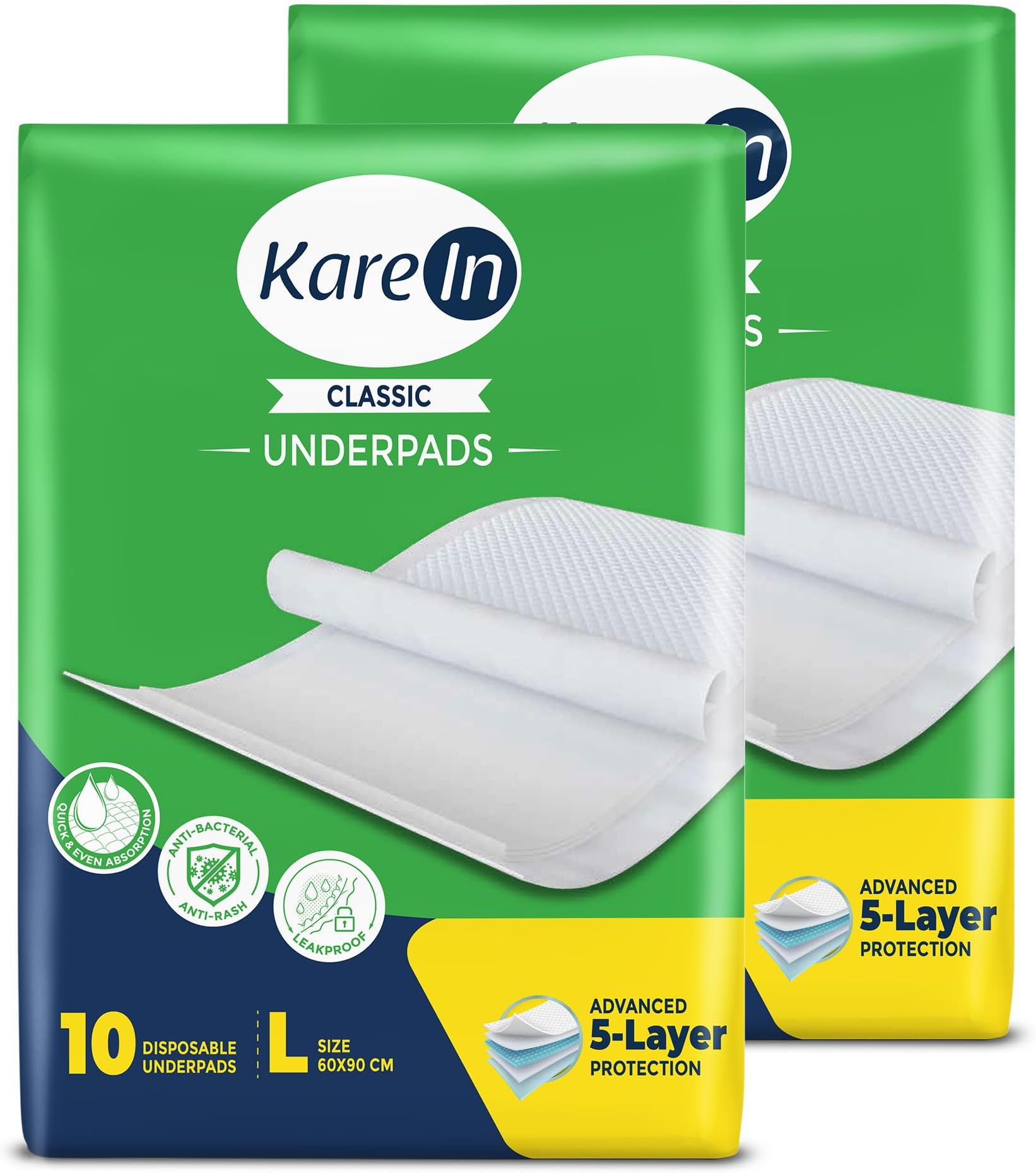 KareIn Classic Underpads For Adults, Large 60 x 90 cm, 20 Unit, Highly Absorbent, Anti-Bacterial, Rash Protection, Leak Proof, Protects Surfaces from Incontinence, Odor Control, Super Soft