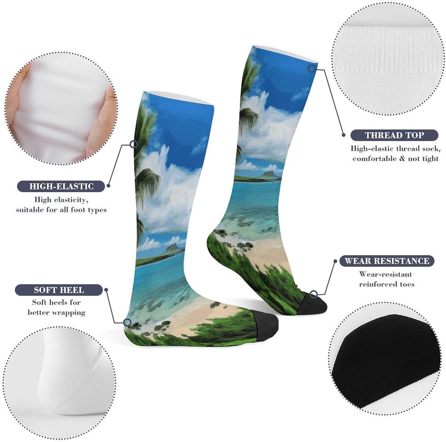 Tropical Palm Tree Hawaii Beach Compression Socks for Man Women Breathable Knee High Tube Socks Baseball Football Sock Over The Calf Sock Circulation Support for Running Travel Athletic Daily Wear