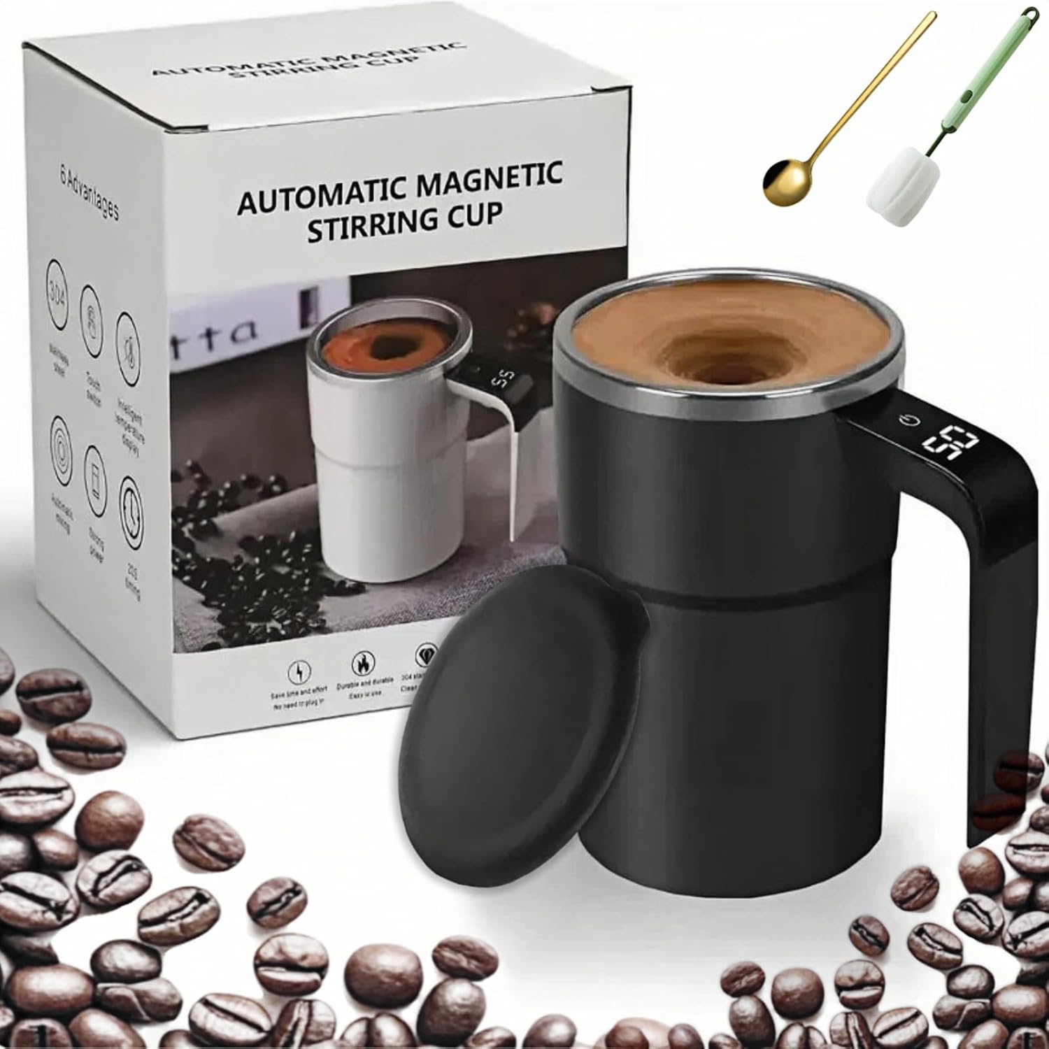Automatic Stirring Coffee Mug with Temperature Display, Rechargeable Self Stirring Mugs with Lid, Stainless Steel Smart Mixing Cup for Coffee, Tea, Hot Chocolate (Black)