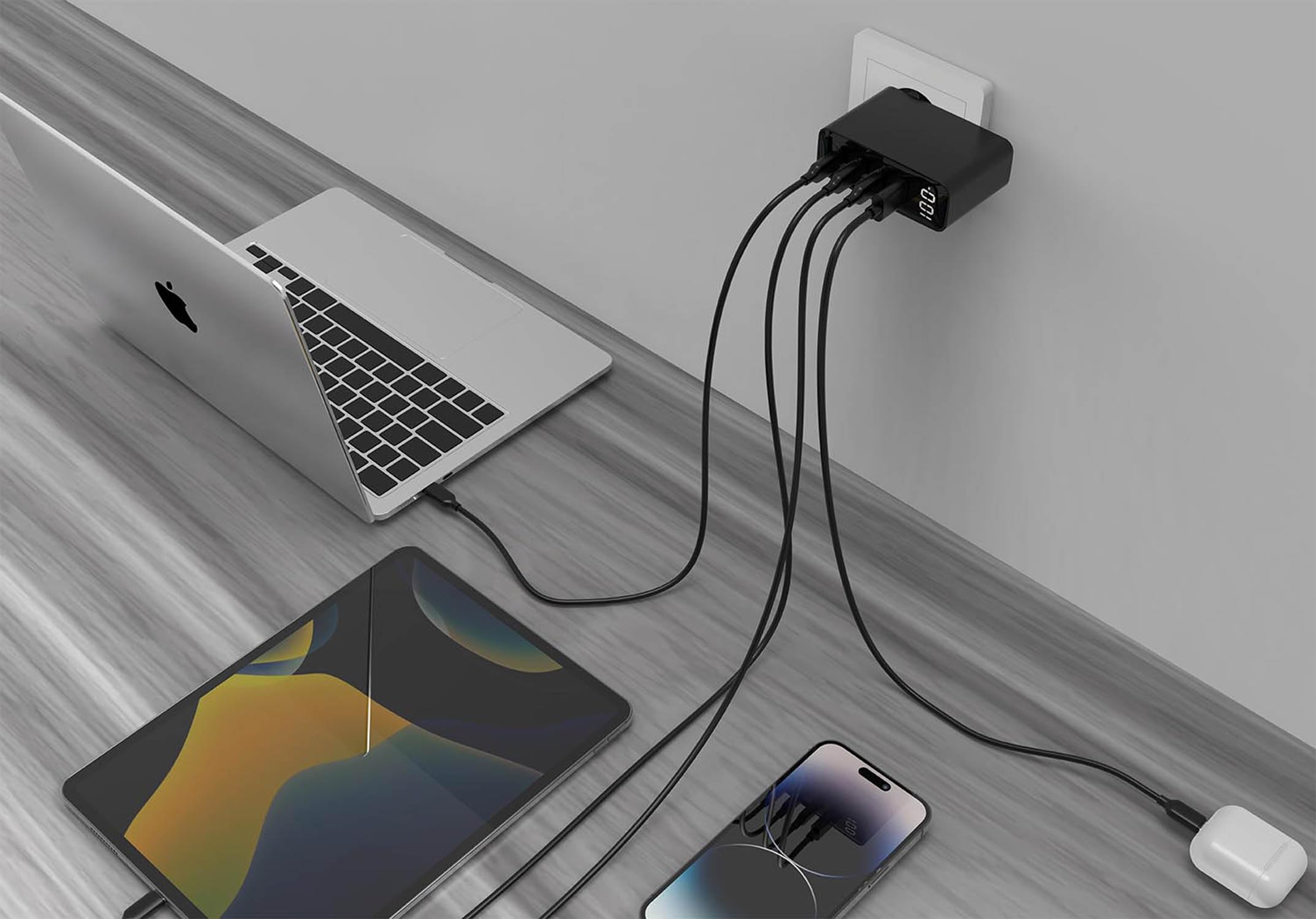 CARGADOR RAPIDO GEMBIRD USB GAN DE 4 PUERTOS 100 W LCD NEGRO