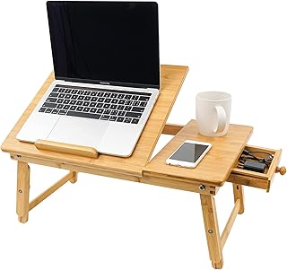 Utoplike Bamboo Laptop Desk for Bed, Tilting Top Bed Serving Tray, Breakfast Table Ajustable Height, Fodable Legs, Storage Drawer, Lap Stand for Reading, Writing, Eating