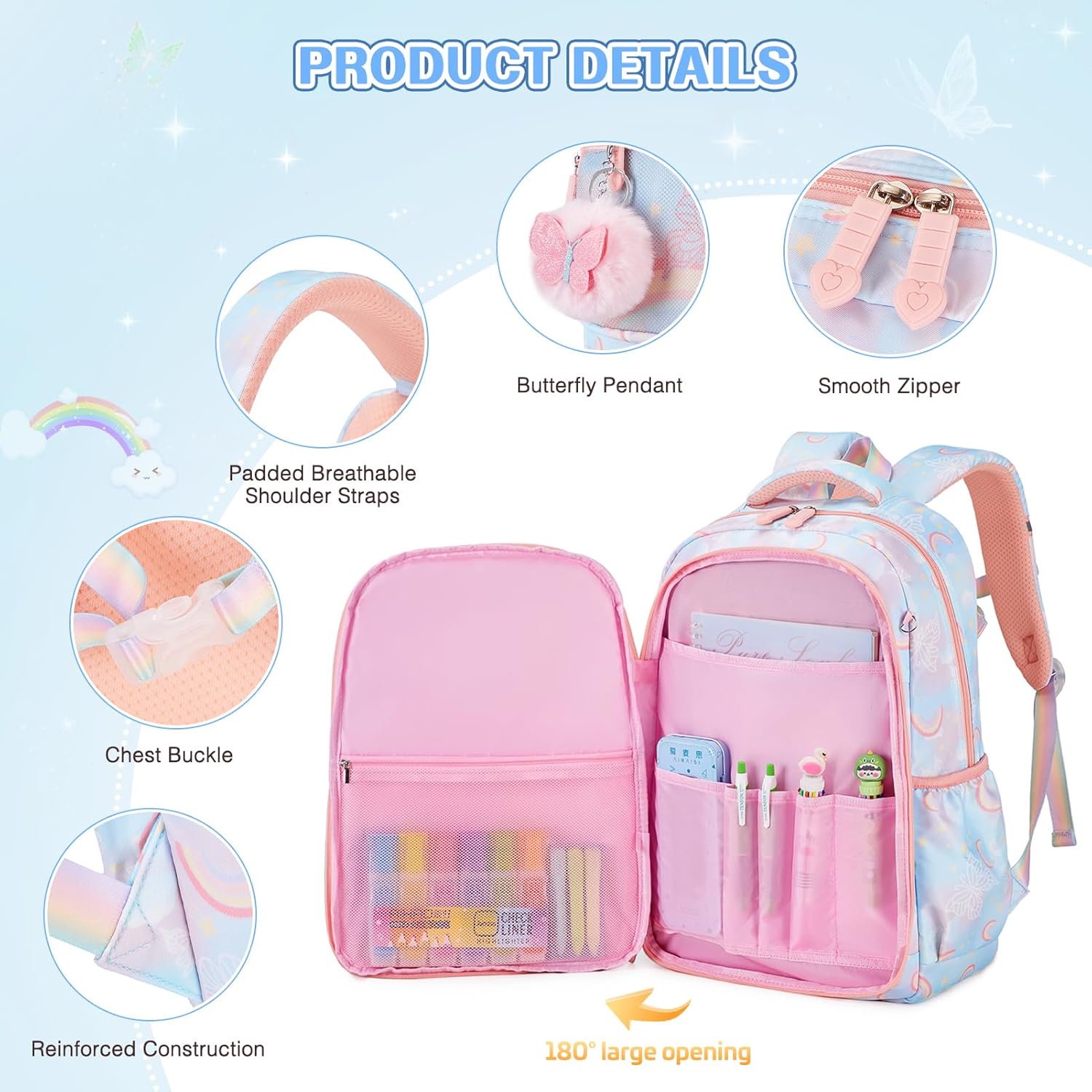 Backpack for Girls, Rainbow Butterfly Girls Backpacks with Lunch Bag Pencil Case Set, Kids Backpack Kindergarten Elementary Middle School Book Bag for Teen Girl Children Students - Image 3