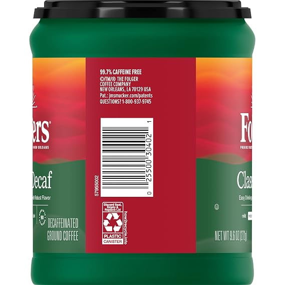 Folgers Decaf Coffee, Ground Coffee, Classic Medium Roast, 9.6 Ounce Canister