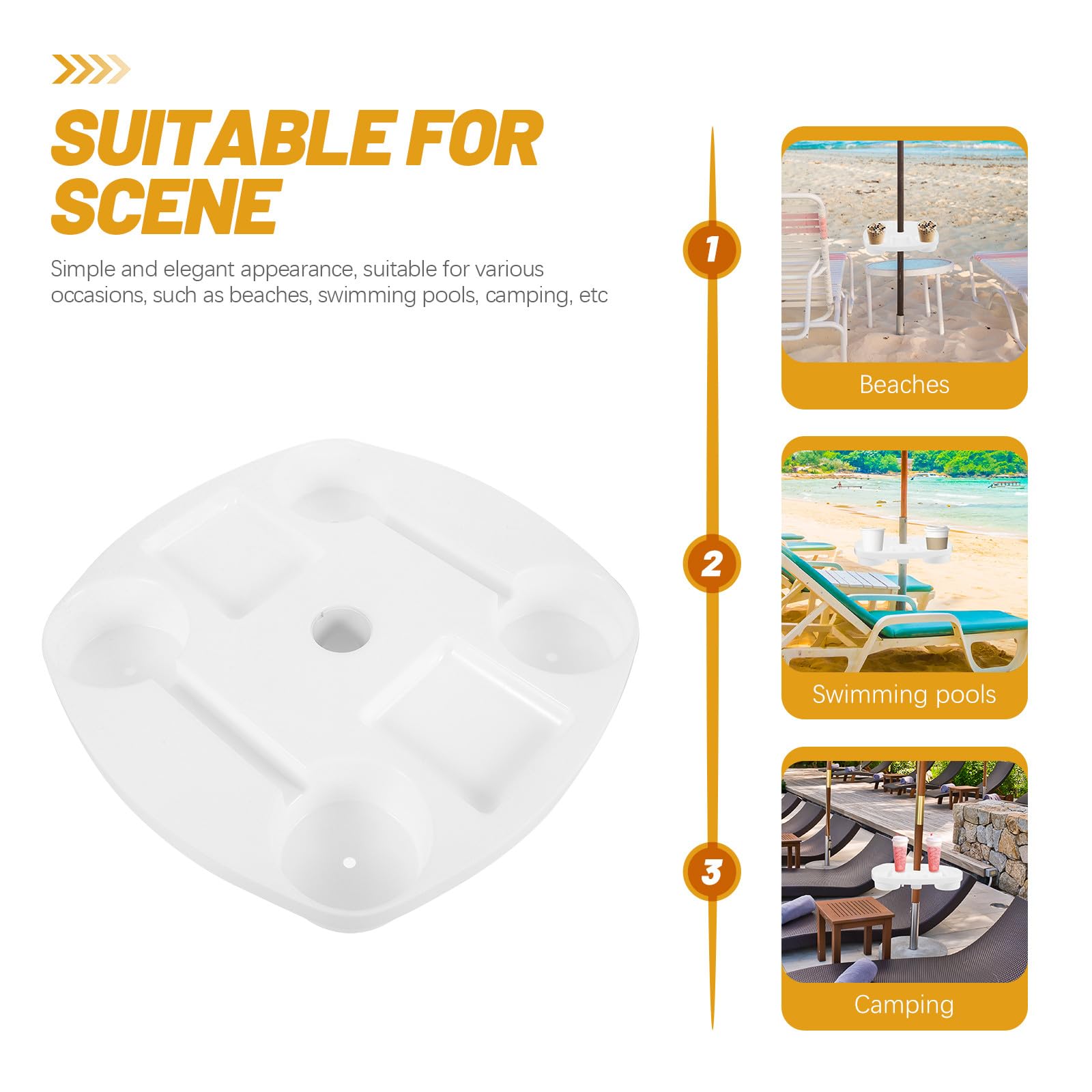 Bandeja de mesa blanca para sombrilla de 37 x 37 x 5,2 cm con portavasos y compartimento para aperitivos, base de plástico para uso al aire libre, perfecta para playa, piscina y camping