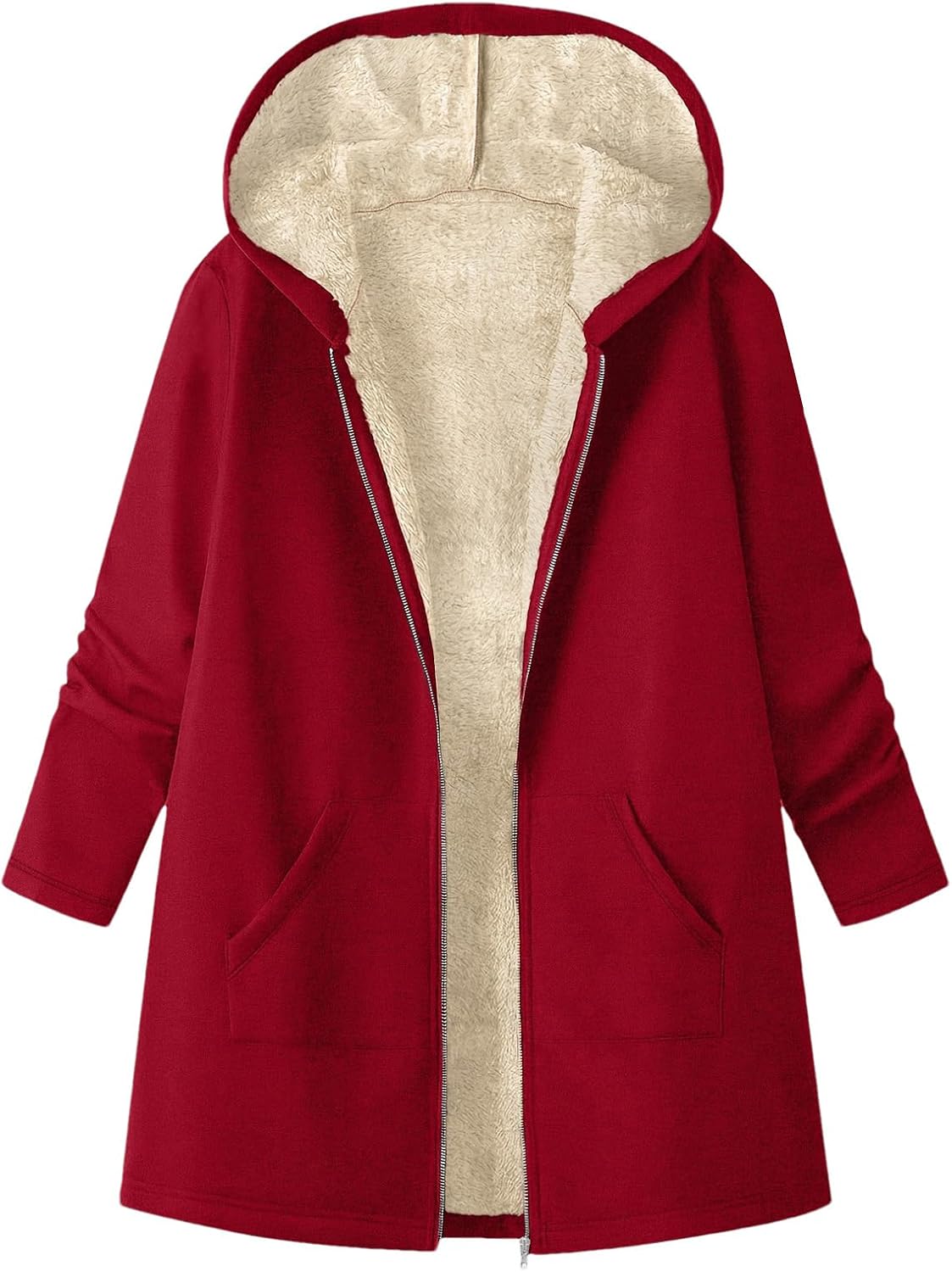 amropi Women's Sherpa Jacket Mid-Long Fleece Lined Hooded Sweatshirt Winter Warm Outerwear