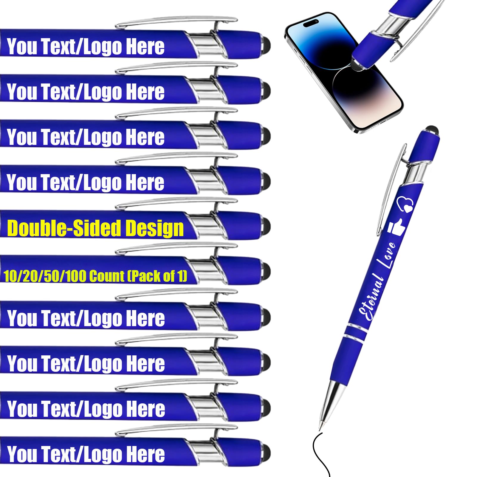 Personalised Gel Ink Rollerball Pens Bulk, Retractable Ballpoint Pens, Customised Laser Engraved Stylus with Name,Text,Logo Metal Ballpoint Pen Gift for Office Business School Royal Blue 100 PC — image 1