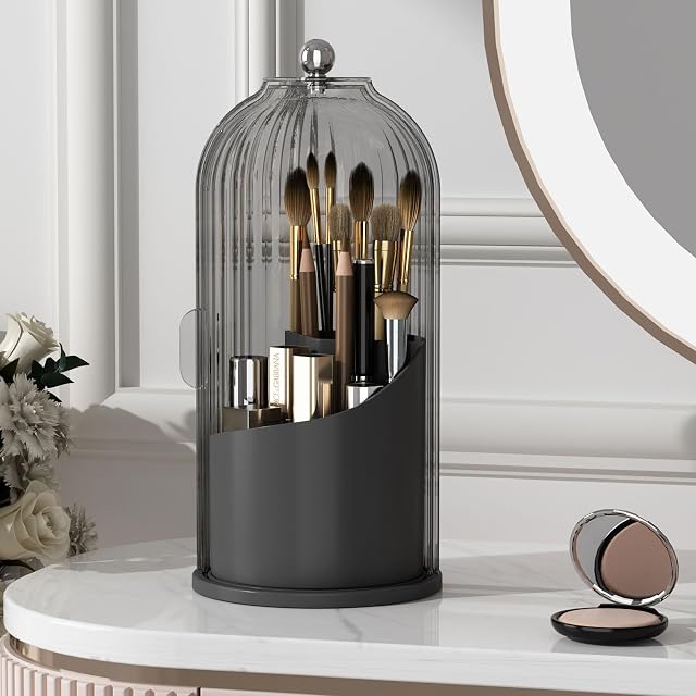 YOOLENS Makeup Brush Holder with Lid 360 Rotating Clear Dustproof, White Beige