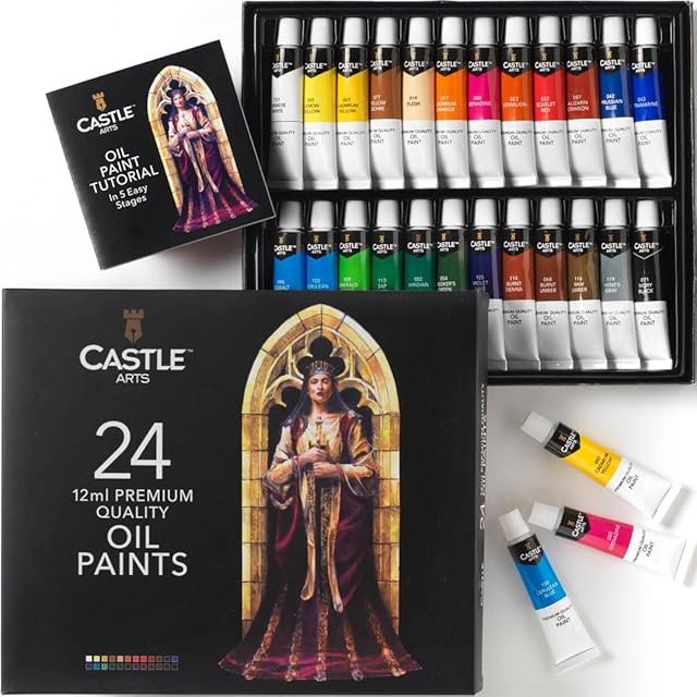 Castle Art Supplies 24 x 12ml Oil Paint Set | Great Value Set for Adult Artists, Beginners and Advanced | Vibrant Variety of Smooth-to-use Colours | in Impressive Presentation Box with Tutorial