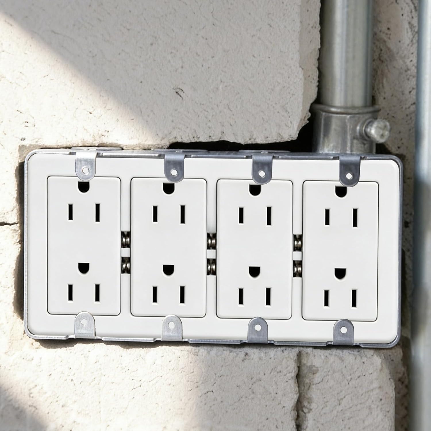 1 Pack Four Gang Multi Device Switch Box, 2-1/8"Deep Metal Electrical Box, 8-1/2'' TKO's & 4-1/2" KO's Side KO, 4-1/2" & 3-3/4" Bottom KO, Raised Grounded, Galvanized