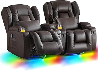 2 Motoren Elektrischer Verstellbar Relaxsessel mit Liegefunktion, Drehbarer Fernsehsessel TV Sessel mit Massage und Wärme, Kinosessel mit USB/LED/TYP C,bis 150 kg (Kunstleder Braun, 2)