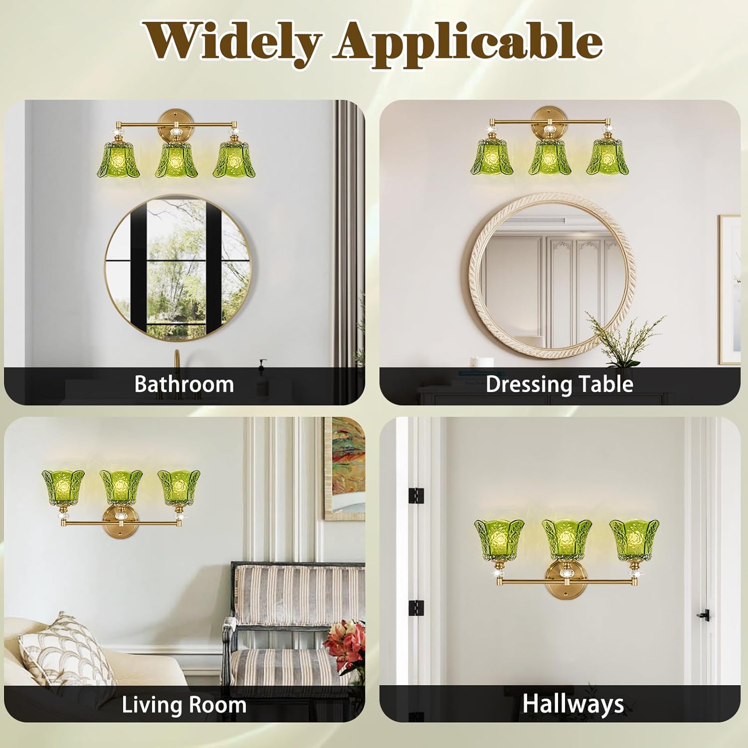 Vintage Gold Bathroom Vanity Light Fixture, 3-Light with Rose Pattern Green Glass Shade, Retro Brushed Gold Finish