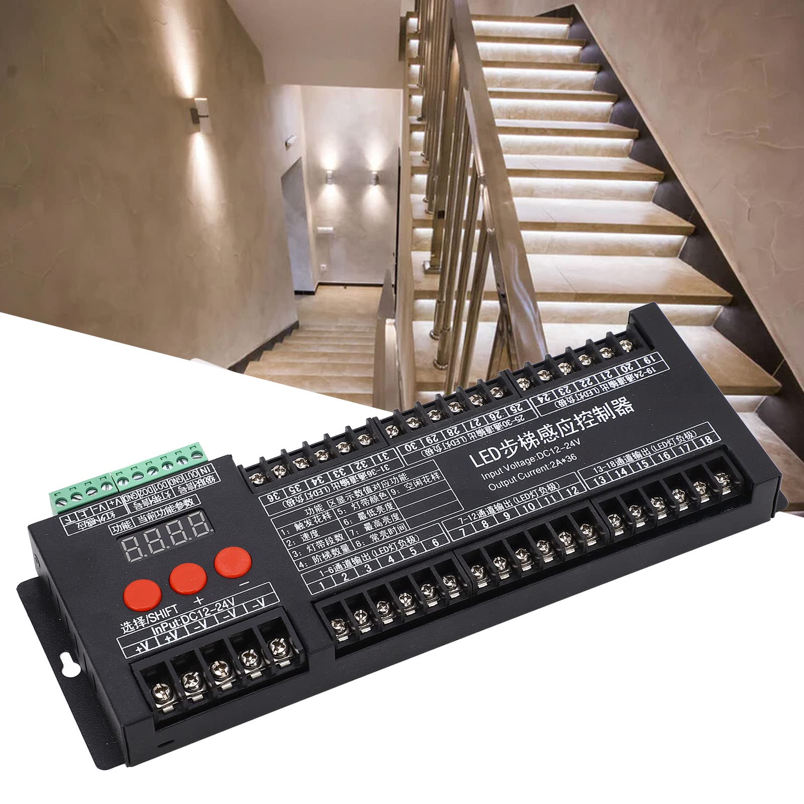 FTVOGUE Controller della Luce delle Scale a LED, Illuminazione delle Scale del Sensore di Movimento, Grado di Protezione IP20, 36 Interfacce Installazione Rapida, Sensore di Movimento del Corpo